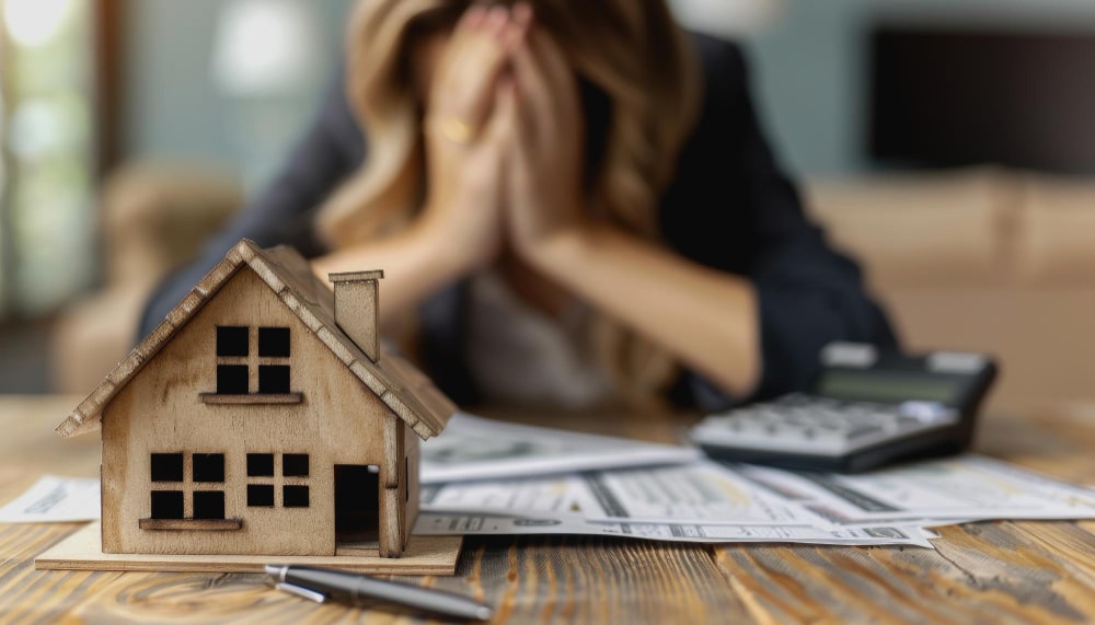 mujer desolada con las manos en la cara y una casa en referencia a motivos de oposición a la ejecución hipotecaria