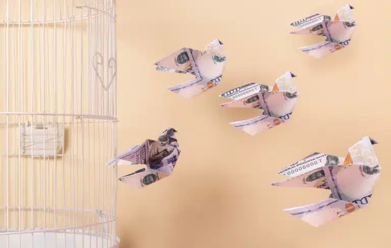 Origami de pájaros hechos con billetes de dólar escapando de una jaula blanca, simbolizando la huida del control financiero, ideal para representar el impacto de los fondos buitre en España.