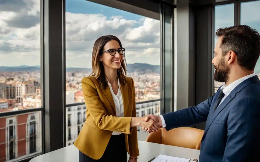 Abogado de ejecución hipotecaria en Madrid estrechando la mano con un cliente tras ganar su caso en su despacho.