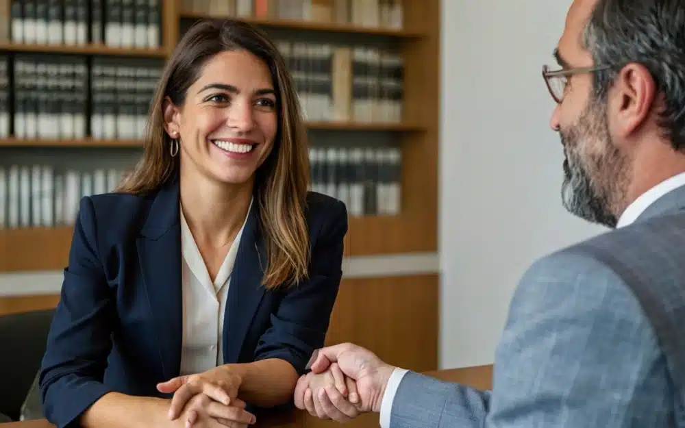 Abogada de Asoban Abogados estrechando la mano de un cliente satisfecho tras acogerse a la Ley de Segunda Oportunidad 2024.