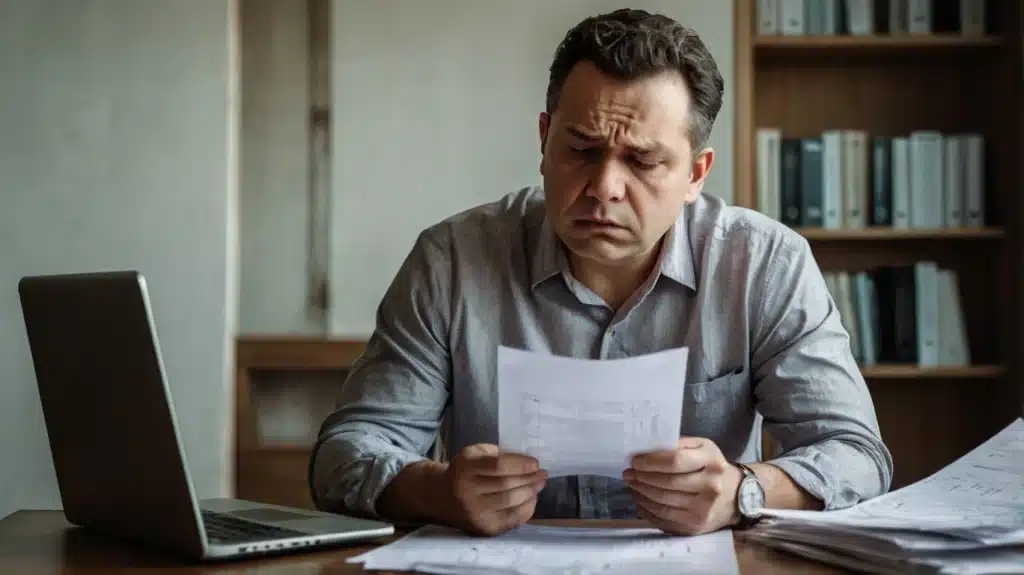 Hombre agobiado con papeles que representan deudas pendientes, buscando una solución a través de la prescripción de deudas y la cancelación de obligaciones financieras.