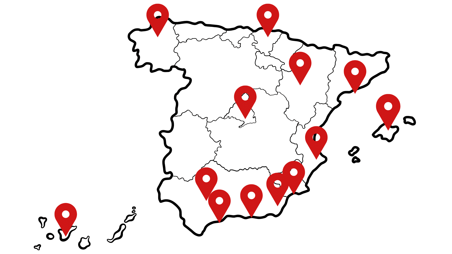 Imagen de mapa de España con localizaciones en rojo para ilustrar las oficinas de Asoban Abogados en España como despacho de abogados especialistas en derecho bancario