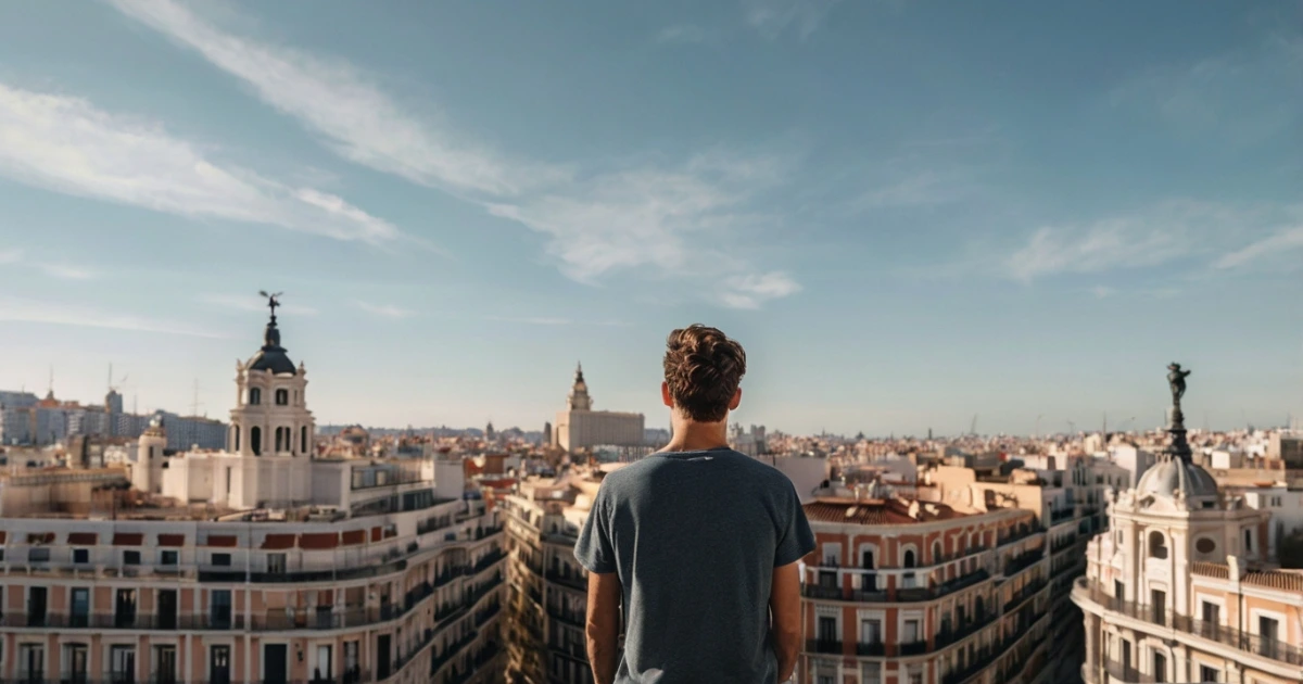 Persona contemplando el horizonte de Madrid desde una azotea, simbolizando un nuevo comienzo y libertad financiera gracias a la ley de segunda oportunidad en Madrid.