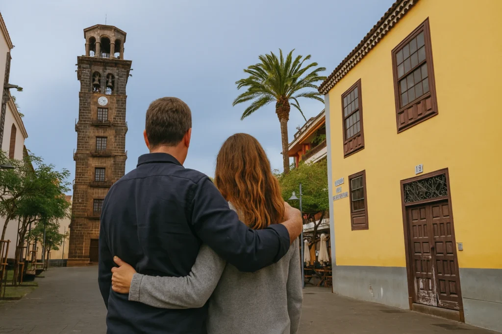 Pareja abrazada observando la torre de La Laguna en Tenerife, simbolizando un nuevo comienzo gracias a la ley de segunda oportunidad Tenerife.