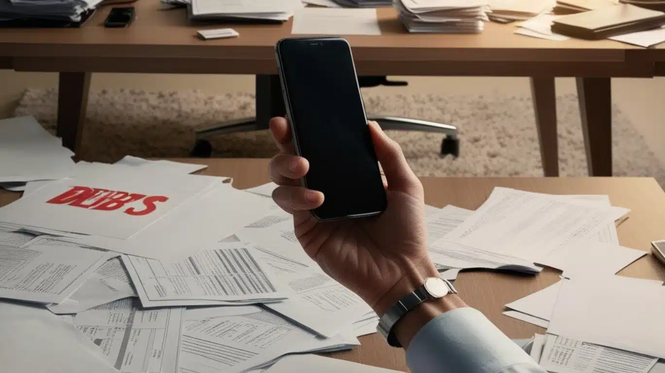 Persona sosteniendo un smartphone frente a un escritorio lleno de documentos, representando la gestión de deudas y consultas sobre qué es Pra Iberia.