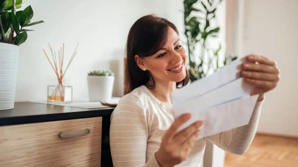 Mujer sonríe mientras abre una carta sobre información bancaria, relacionada con la fecha a partir desde que se puede reclamar el IRPH.