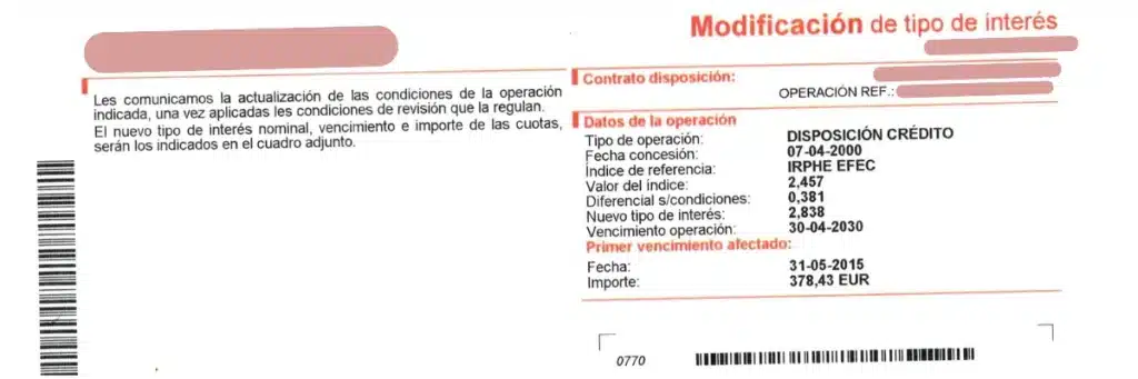 Ejemplo de recibo de banco para hipoteca con IRPH mostrando la modificación del tipo de interés.