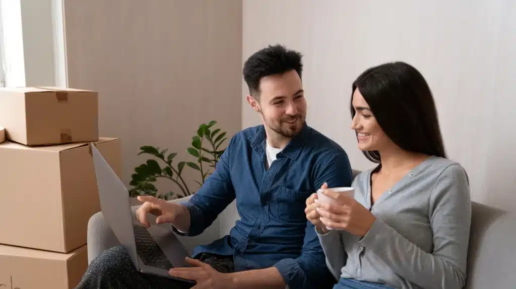 Pareja sonriente con portátil revisando información, representando la búsqueda de ayuda en foros IRPH sobre hipotecas.