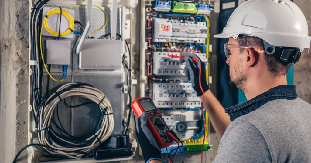 Técnico revisando cuadro eléctrico tras fallo de energía para reclamar al seguro por el apagón.