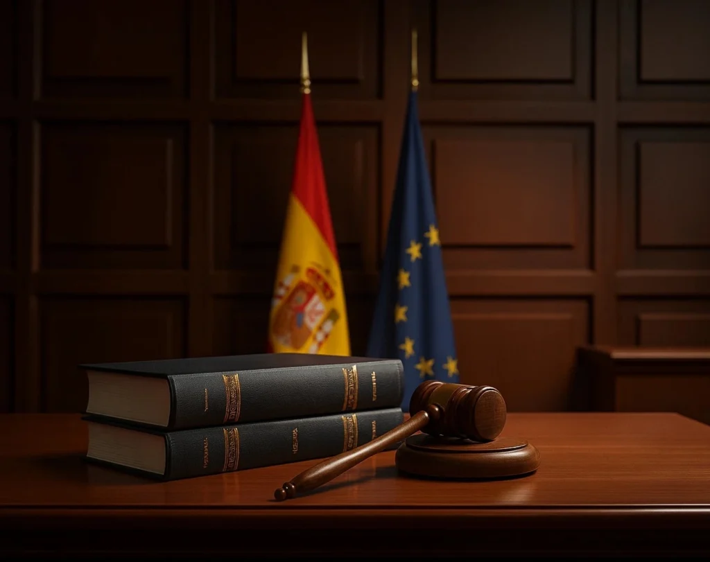 Libros de derecho y mazo judicial en un juzgado español con banderas de España y la Unión Europea, simbolizando la exoneración de deudas y crédito público.