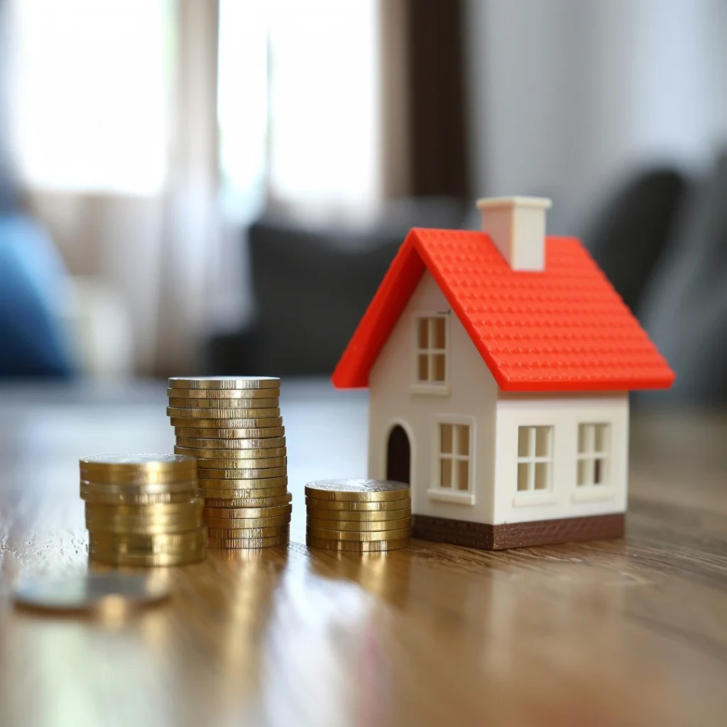 Montones de monedas junto a una casa en miniatura, representando la duda financiera sobre si es rentable la hipoteca multidivisa.