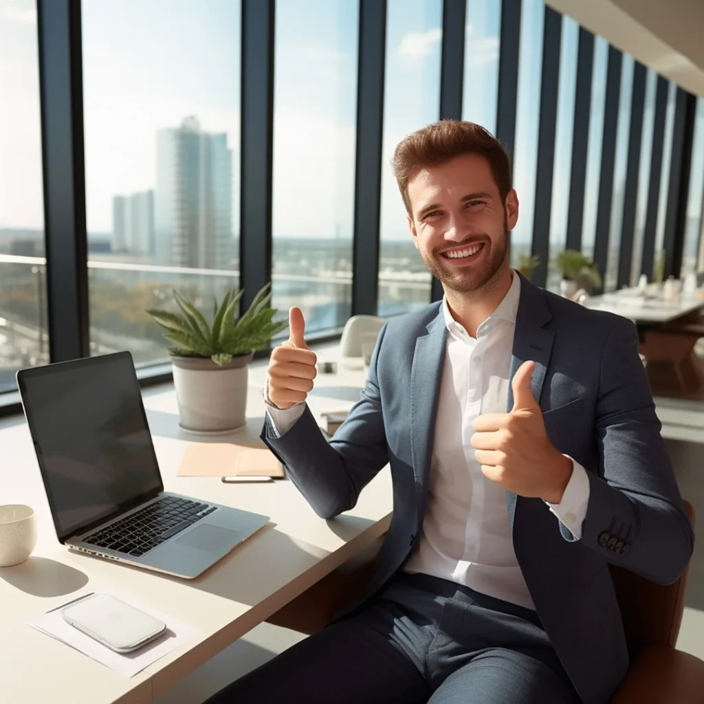 Empresario joven sonriente en oficina moderna con pulgares arriba, simbolizando éxito tras lograr la exoneración del pasivo insatisfecho del empresario individual.