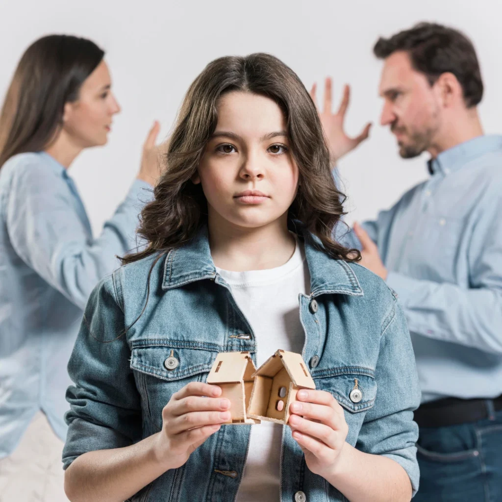 Niña sosteniendo una casa partida mientras sus padres discuten al fondo, representando el conflicto familiar y la preocupación por qué pasa con la hipoteca si hay hijos tras un divorcio o separación.