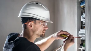 Electricista revisando un cuadro eléctrico para prevenir daños eléctricos en una instalación doméstica.
