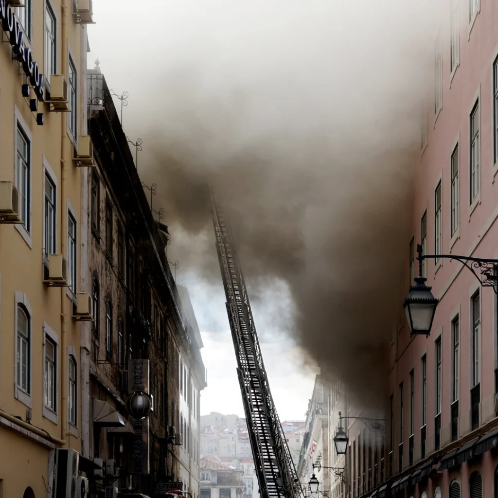 Incendio Madrid hoy con densa columna de humo entre edificios y bomberos trabajando para controlar el fuego, similar a cuando se ha incendiado mi nave industrial.