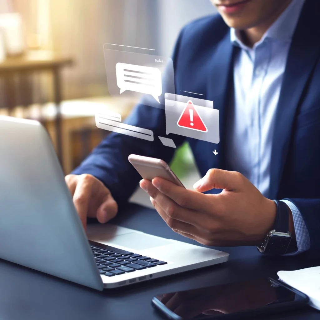 Hombre con traje revisando su móvil y ordenador mientras aparecen alertas de mensajes sospechosos, representando la diferencia entre smishing y phishing en ciberseguridad.