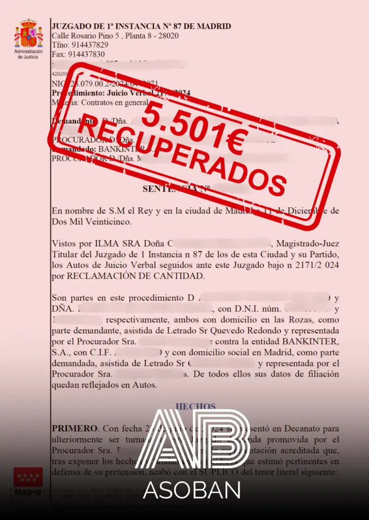 Sentencia condenatoria a Bankinter por fraude online y fallo en tarjeta de coordenadas. Imagen del fallo del Juzgado 87 de Madrid con sello de 5.501 euros recuperados por Asoban Abogados especialistas en ciberdelincuencia.