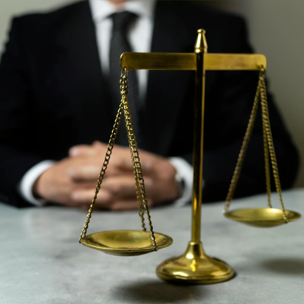 Balanza de la justicia dorada sobre un escritorio con un profesional legal de fondo, representando a nuestros abogados especialistas en ley de segunda oportunidad.
