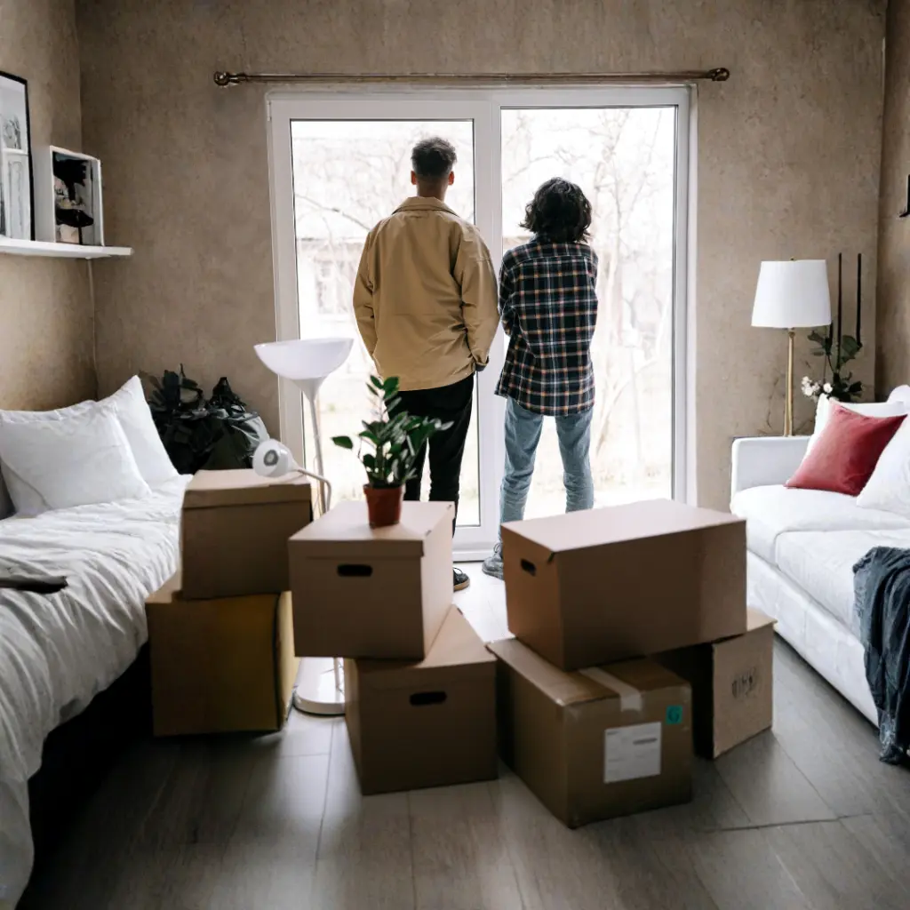 Pareja de espaldas en una habitación con cajas de mudanza mirando por la ventana tras sufrir un desahucio por clausulas abusivas vivienda.