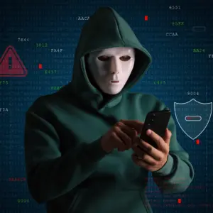 Persona con máscara y sudadera usando un móvil, representando un deepfake y el uso de tecnología de suplantación de identidad en fraudes digitales.