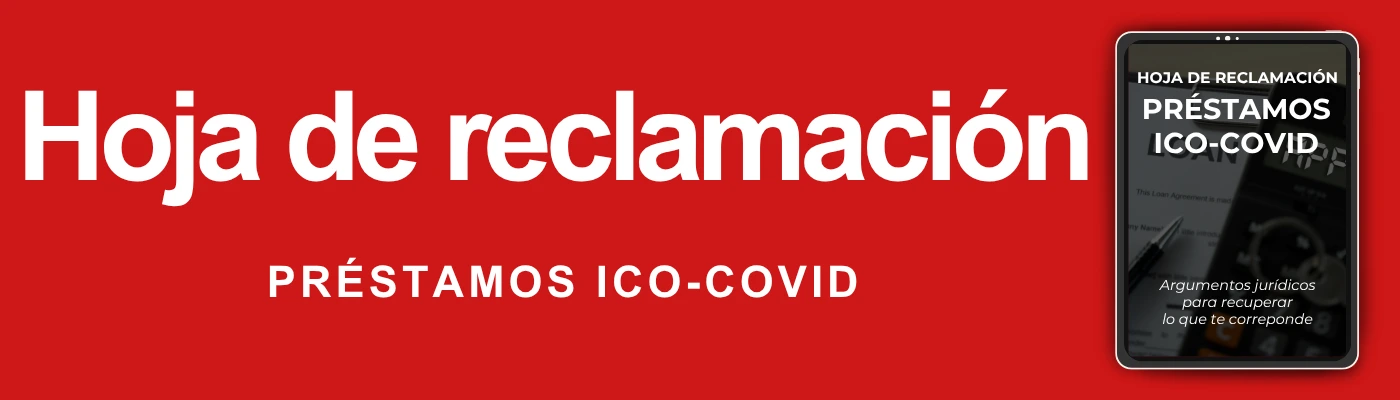 Banner informativo de Asoban Abogados con el título "hoja de reclamacion prestamos ico covid" y una guía digital que detalla los argumentos jurídicos para que autónomos y pymes recuperen su dinero.