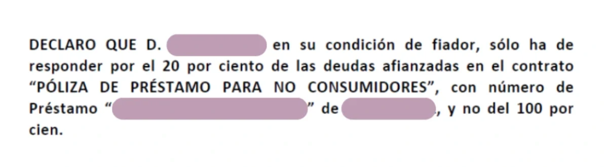 Extracto de una sentencia judicial que limita la responsabilidad del fiador al 20 % en un contrato de aval ICO Covid, relacionada con la sentencia nulidad aval ico covid asoban abogados.