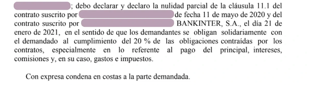 Fragmento de una sentencia judicial que declara la nulidad parcial de un aval ICO COVID suscrito con Bankinter, con condena en costas a la parte demandada.