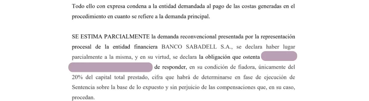 Extracto de una sentencia judicial que estima parcialmente la nulidad del aval ICO COVID con Banco Sabadell, limitando la responsabilidad de la fiadora al 20 % del capital.